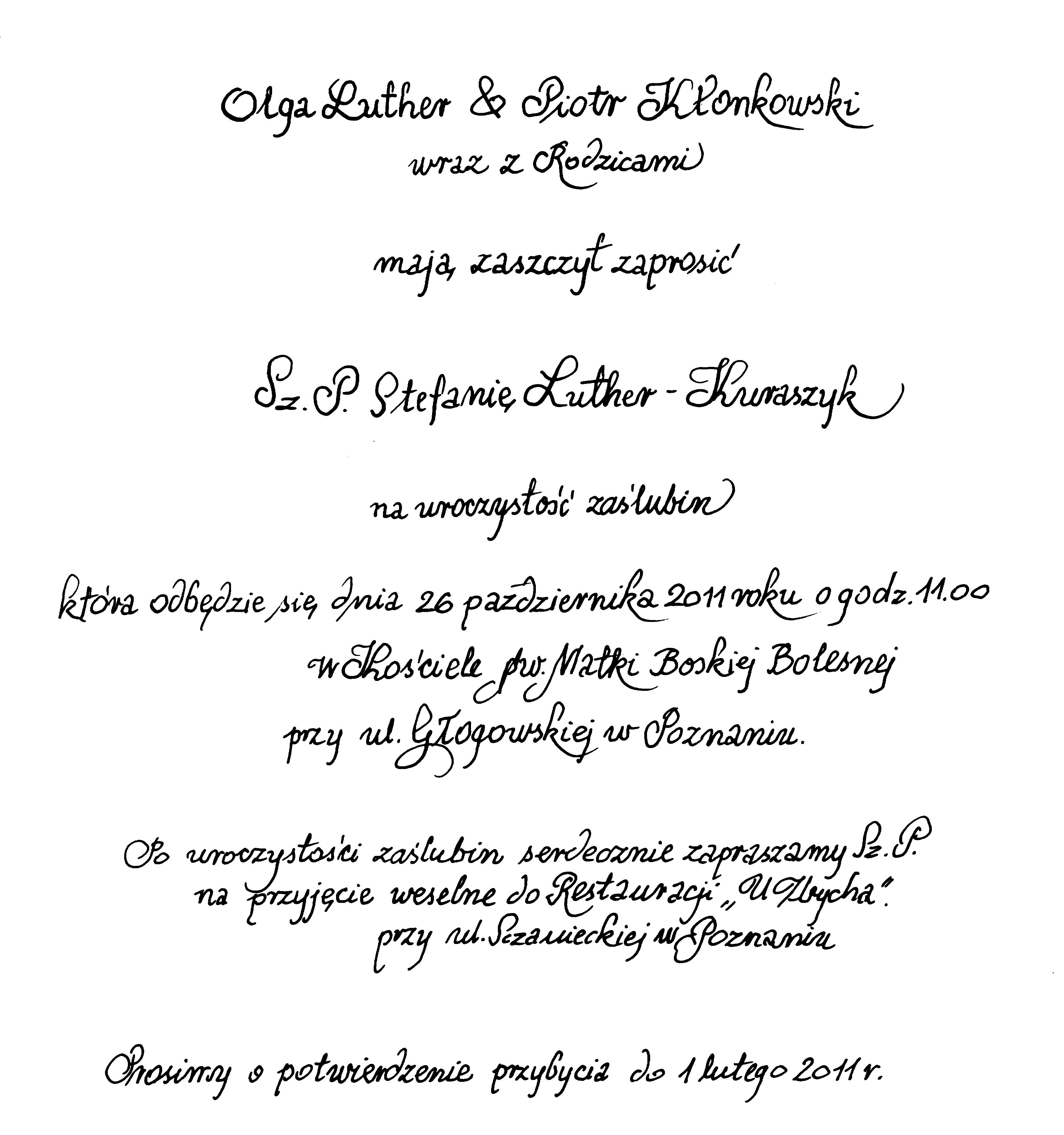 Zawiadomienia Zaproszenia ślubne Poznań Karty Menu Listy